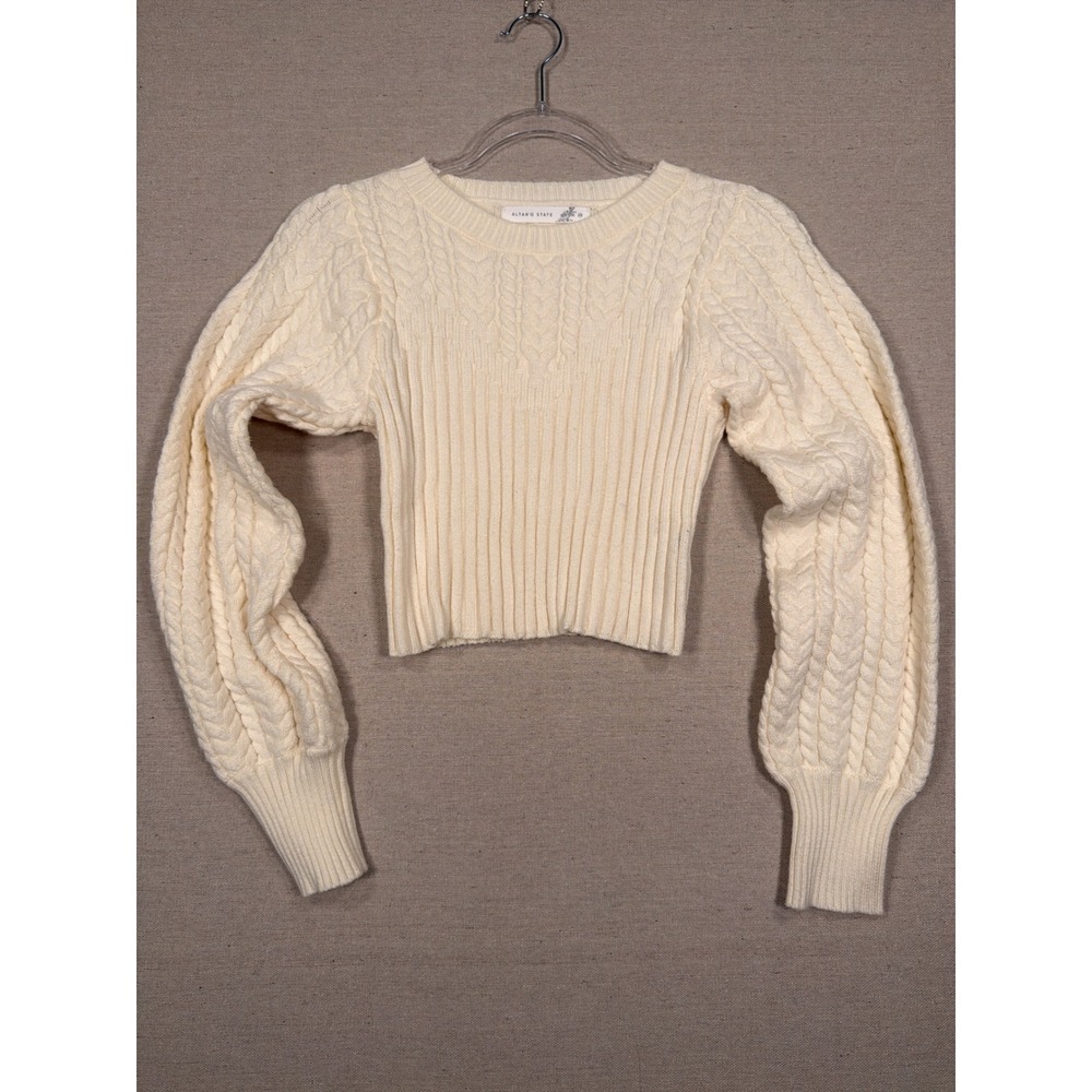 Altar'd State Cream Cable Knit Cropped Sweater Balloon Sleeve XS ASWS-244-512
